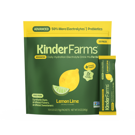 New 2026 packaging — KinderLyte® 16ct Advanced Electrolyte Powder Lemon Lime — front of pouch with single-serve stick packet