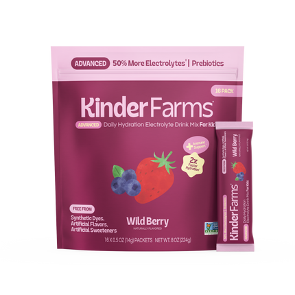 New 2026 packaging — KinderLyte® 16ct Advanced Electrolyte Powder Wild Berry — front of pouch with single-serve stick packet