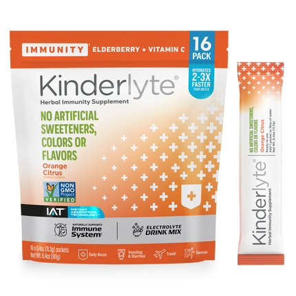 3D rendering of KinderLyte® 16ct Herbal Immunity Supplement Orange Citrus bag and sachet against a plain background.