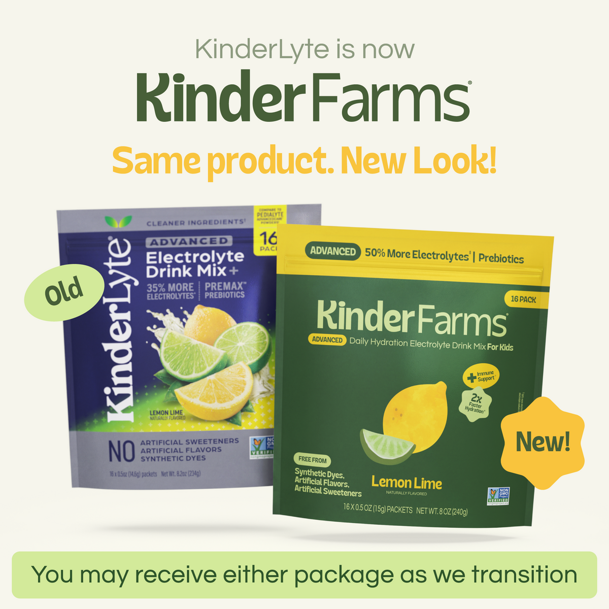 A graphic comparing KinderLyte's old packaging and KinderFarms' new look. It states that the product is the same and customers may receive either version during the transition. (Item 2 of 6)