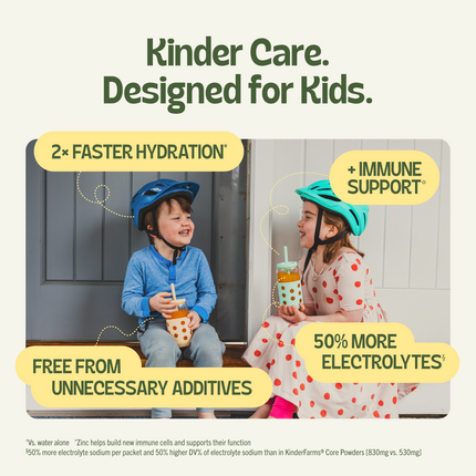 KinderFarms ad featuring two smiling kids in helmets with drinks. Key benefits listed: more electrolytes, faster hydration, and immune support.