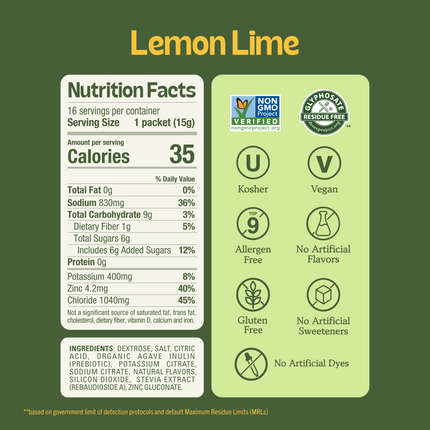 New 2026 packaging — KinderLyte® 16ct Advanced Electrolyte Powder Lemon Lime — Nutrition Facts and certifications panel