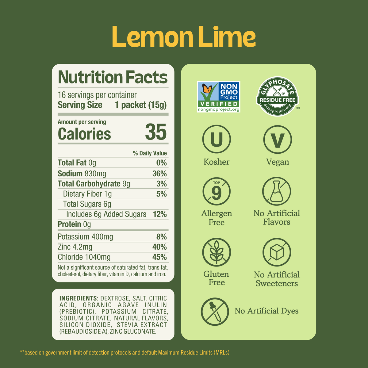 Supplement Facts label for Orange Citrus powder showing 35 calories, 7g carbs, and 6g sugars per packet, along with Vitamin C, D, Zinc, and electrolytes. (Item 3 of 6)
