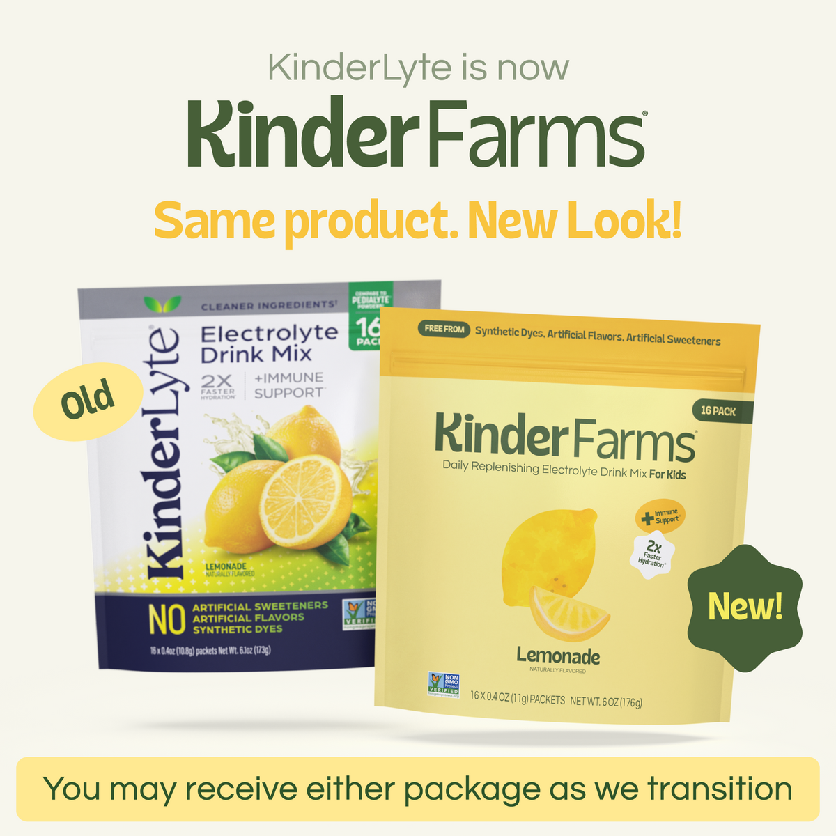 A graphic comparing KinderLyte's old packaging and KinderFarms' new look. It states that the product is the same and customers may receive either version during the transition. (Item 2 of 6)