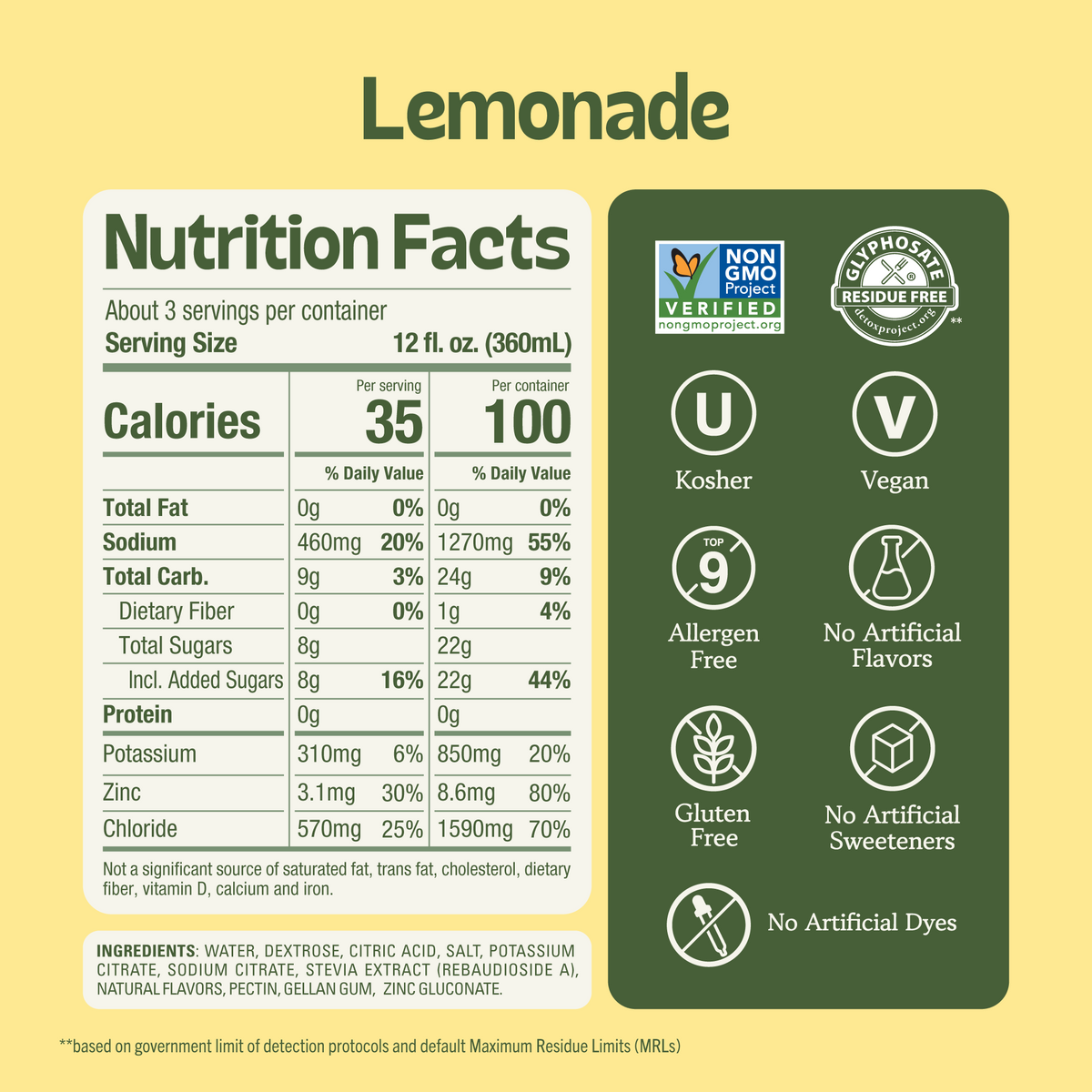 Lemonade Electrolyte Solution product label with a Nutrition Facts table, ingredients list, and icons for Non-GMO, Vegan, and Gluten-Free. (Item 3 of 6)