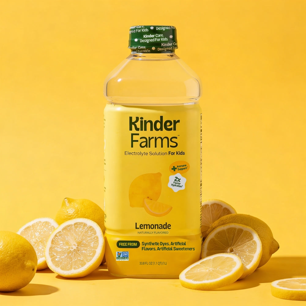A bottle of Kinder Farms Lemonade Electrolyte Solution for Kids surrounded by fresh lemons on a bright yellow background.