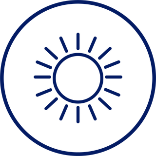 A dark blue sun icon enclosed within a thin circular border.