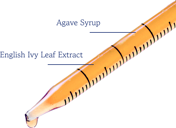 A close-up of a clear glass measuring pipette filled with amber-orange agave syrup, with black measurement markings and text labels reading 'Agave Syrup' and 'English Ivy Leaf Extract' on a white background.