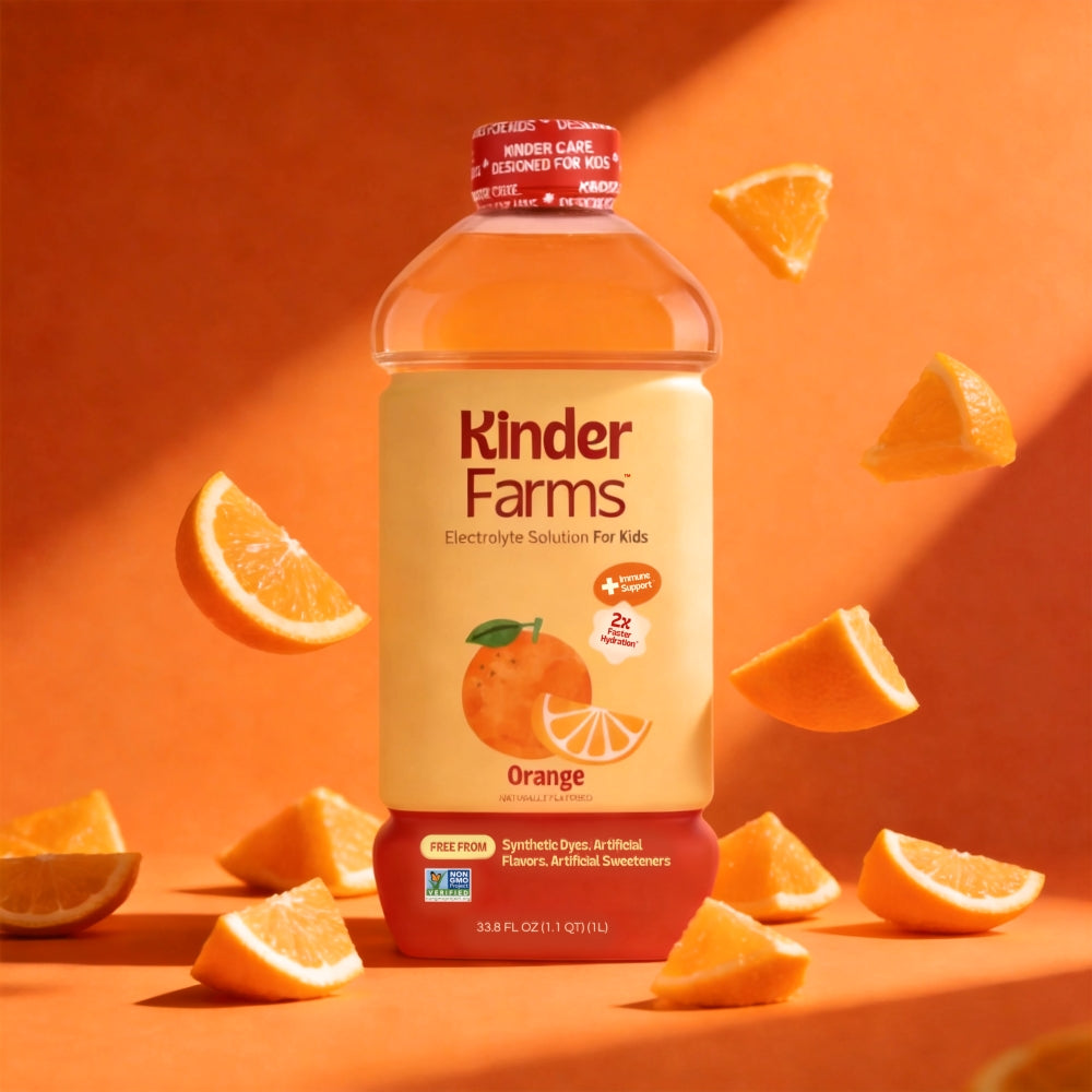 A bottle of Kinder Farms Orange Electrolyte Solution for Kids surrounded by orange wedges on an orange background.