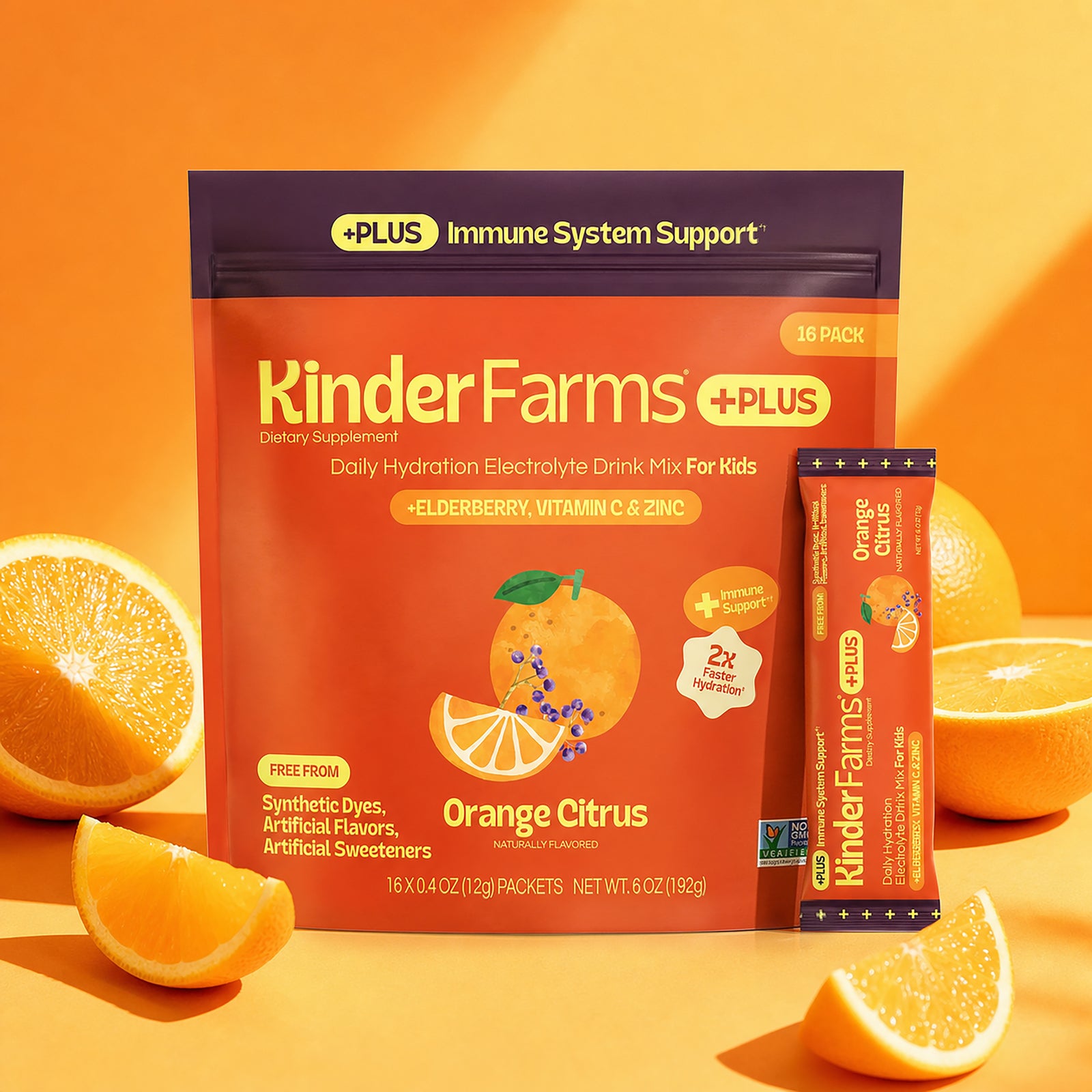 KinderFarms Plus Immune System Support Daily Hydration Electrolyte Drink Mix For Kids Orange Citrus