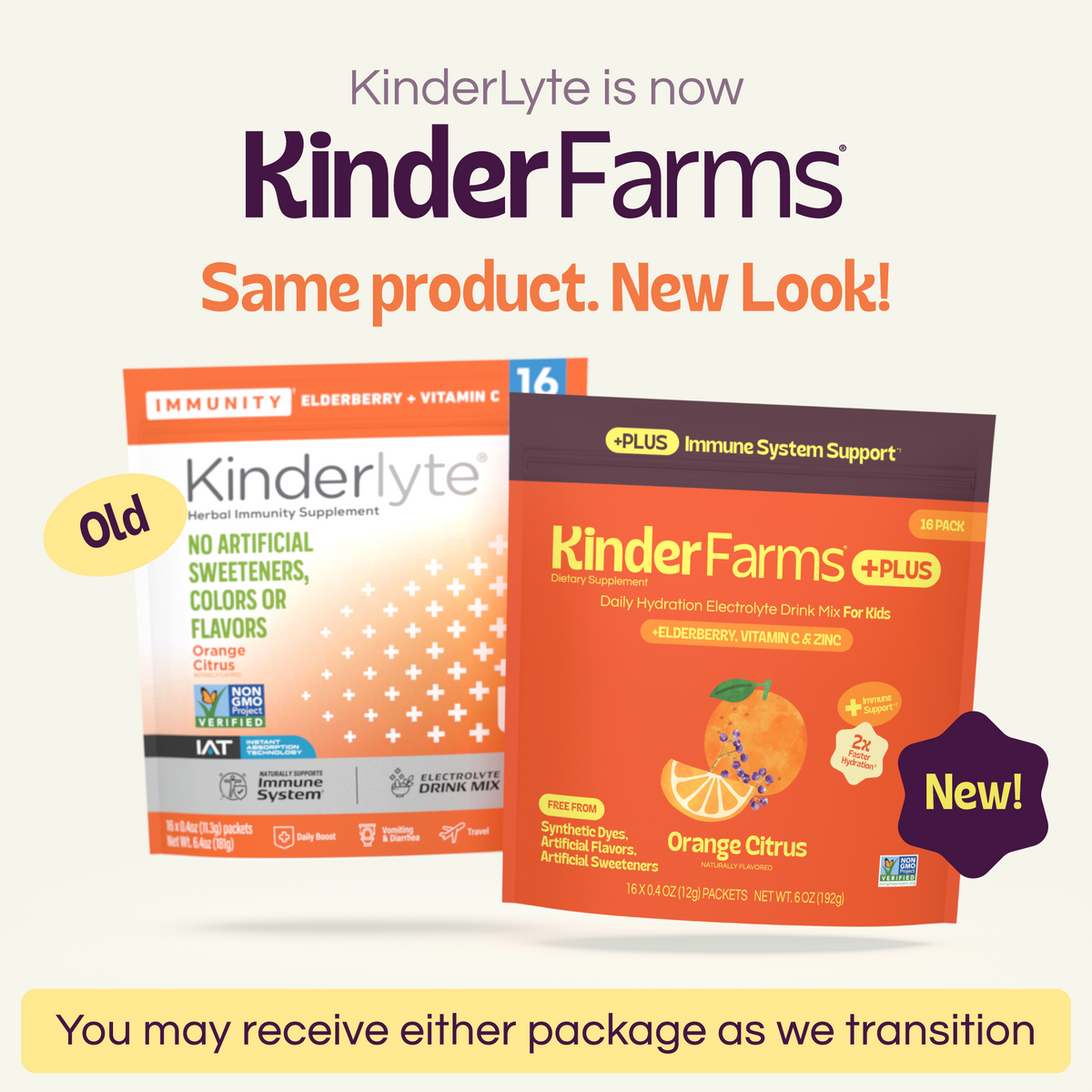 A graphic comparing KinderLyte's old packaging and KinderFarms' new look. It states that the product is the same and customers may receive either version during the transition. (Item 2 of 6)