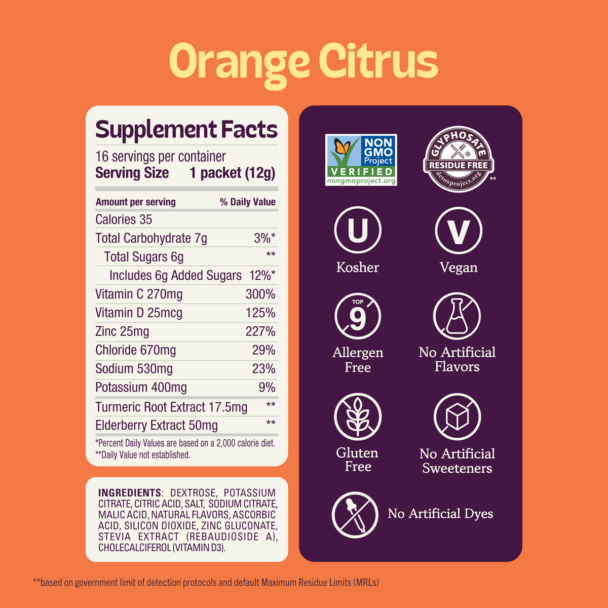 Nutrition facts label for Lemonade mix showing 25 calories, 5g sugar, and minerals like zinc, alongside non-GMO and vegan certification seals. (Item 3 of 6)