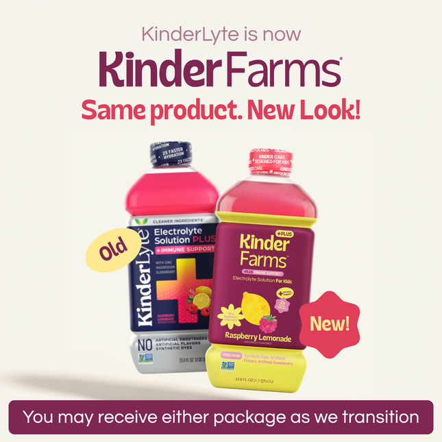 Announcement that Kinderlyte has rebranded to KinderFarms. Shows old and new bottle designs side-by-side. Text notes customers may receive either package during the transition.