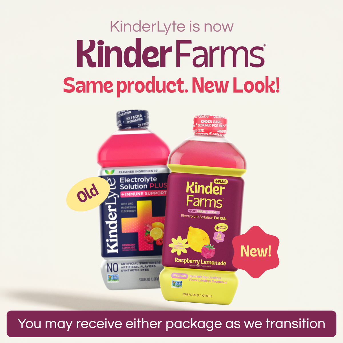 Announcement that Kinderlyte has rebranded to KinderFarms. Shows old and new bottle designs side-by-side. Text notes customers may receive either package during the transition. (Item 2 of 6)