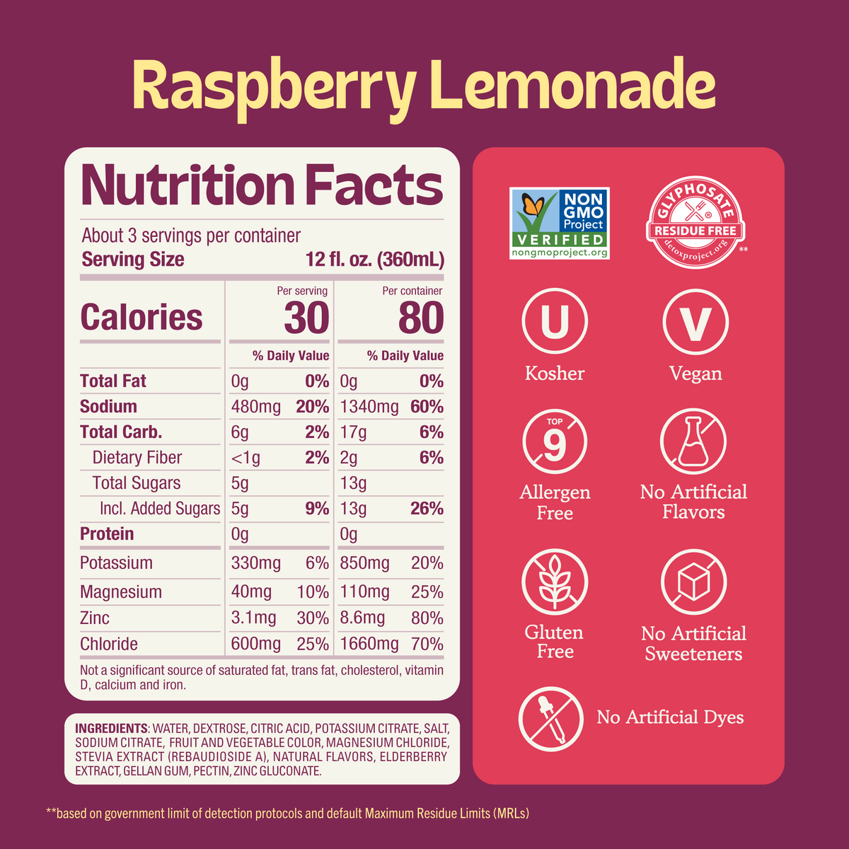 Plus Raspberry Lemonade Electrolyte Solution product label with a Nutrition Facts table, ingredients list, and icons for Non-GMO, Vegan, and Gluten-Free. (Item 3 of 6)
