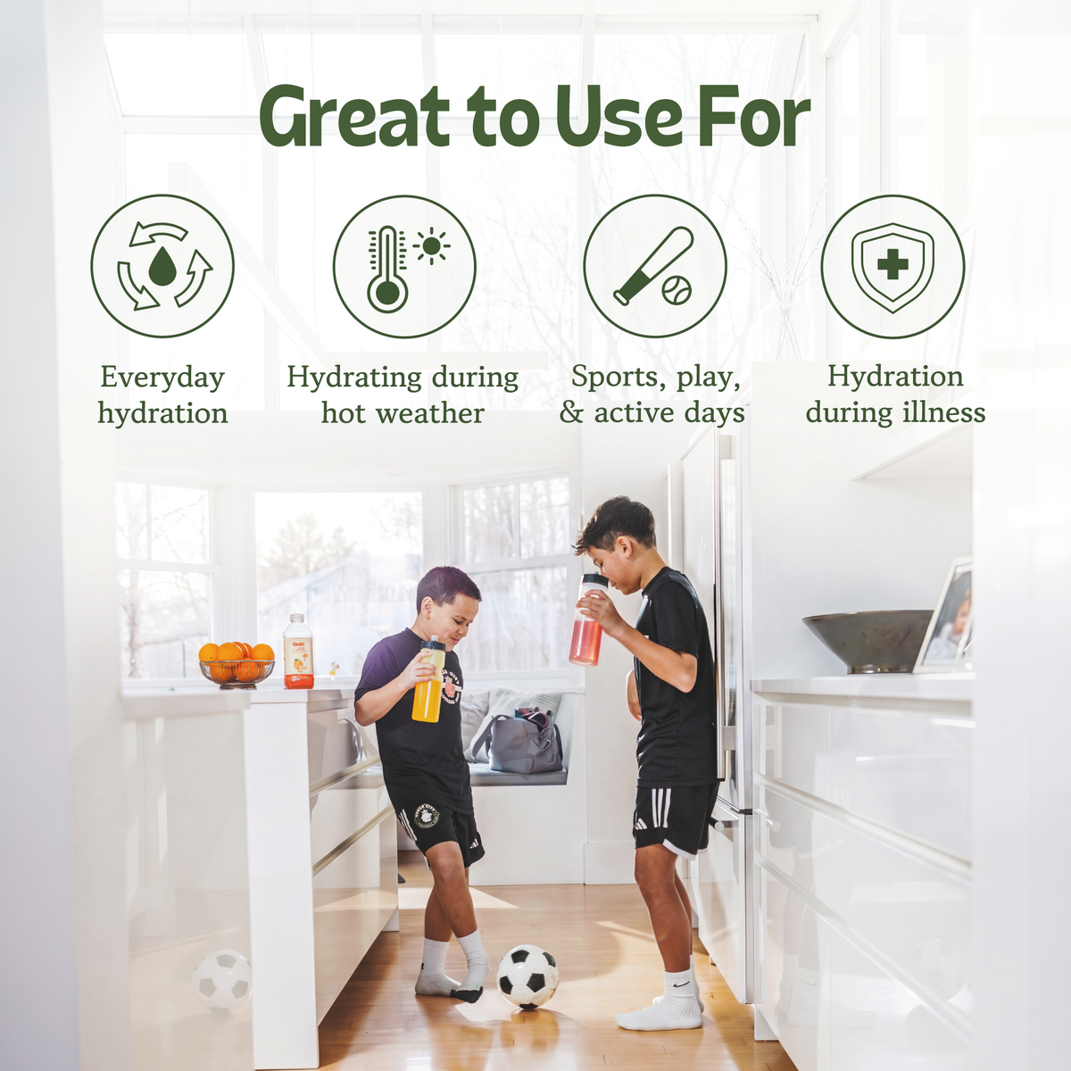 Infographic titled 'Great to Use For' showing hydration uses for daily life, heat, sports, and illness, with a photo of two boys in soccer attire drinking in a kitchen. (Item 4 of 6)