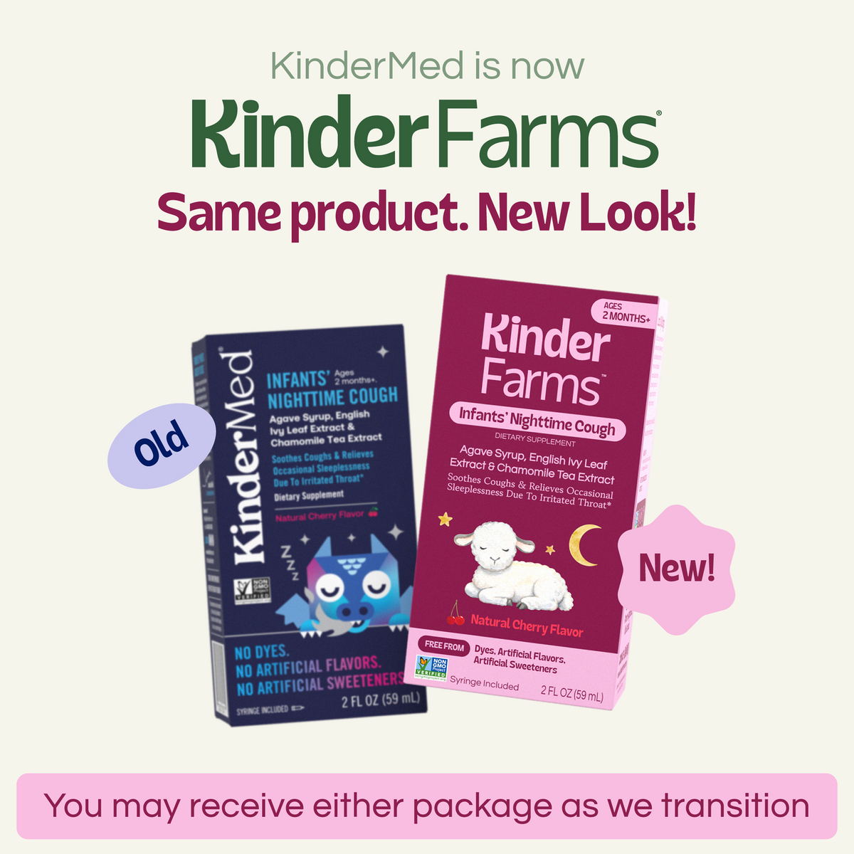 Rebranding notice: KinderMed is now KinderFarms. Image displays old and new packaging, noting that customers may receive either during the transition. (Item 2 of 8)