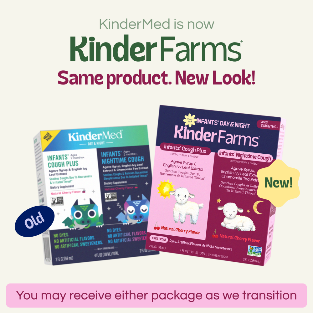 KinderMed is rebranding to KinderFarms. Image shows old blue and new maroon boxes for Infants' Nighttime Cough. Text notes customers may receive either package during the transition. (Item 2 of 7)