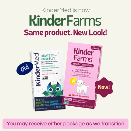 Rebranding announcement: KinderMed is now KinderFarms. Shows the old white dragon box and new pink sheep box for Infants' Cough Plus, noting it is the same product with a new look.