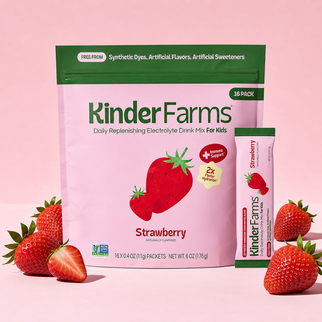 KinderFarms strawberry flavored electrolyte drink mix bag and single packet featuring '2x faster hydration' and 'immune support' labels.