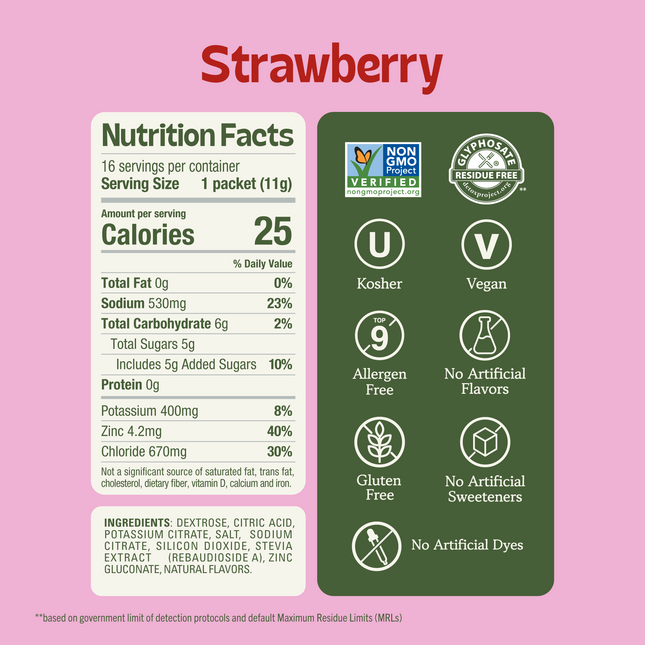 Nutrition facts label for Strawberry packets listing 25 calories, 530mg sodium, and 6g carbs per serving. Ingredients include dextrose, citric acid, potassium citrate, and salt.