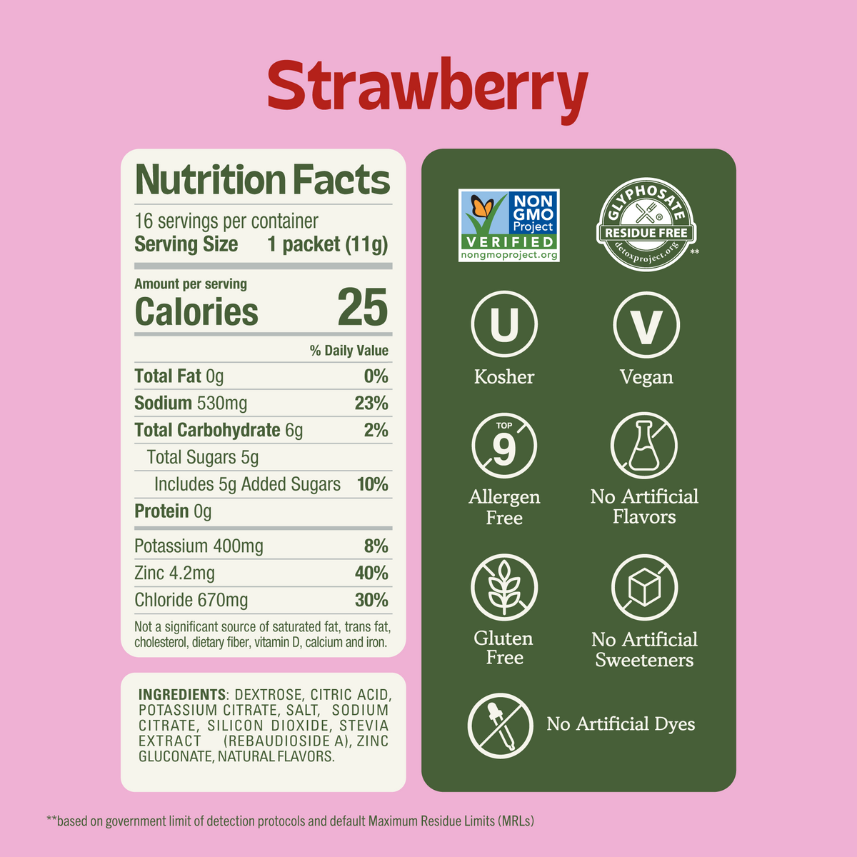 Nutrition facts label for Strawberry packets listing 25 calories, 530mg sodium, and 6g carbs per serving. Ingredients include dextrose, citric acid, potassium citrate, and salt. (Item 2 of 5)
