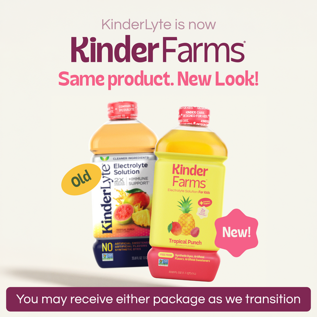 Announcement that Kinderlyte has rebranded to KinderFarms. Shows old and new bottle designs side-by-side. Text notes customers may receive either package during the transition.