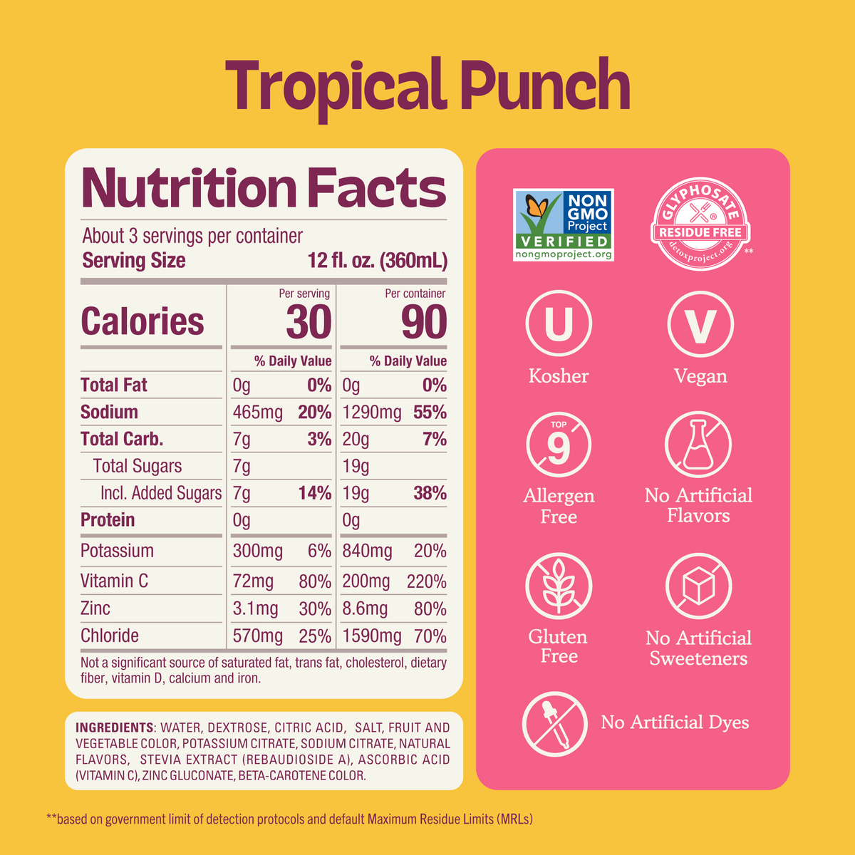 Tropical Punch Electrolyte Solution product label with a Nutrition Facts table, ingredients list, and icons for Non-GMO, Vegan, and Gluten-Free. (Item 3 of 6)