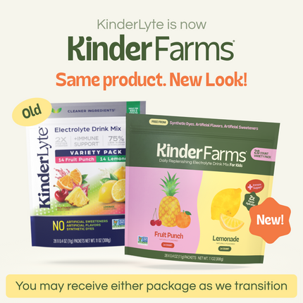 A graphic comparing KinderLyte's old packaging and KinderFarms' new look. It states that the product is the same and customers may receive either version during the transition.