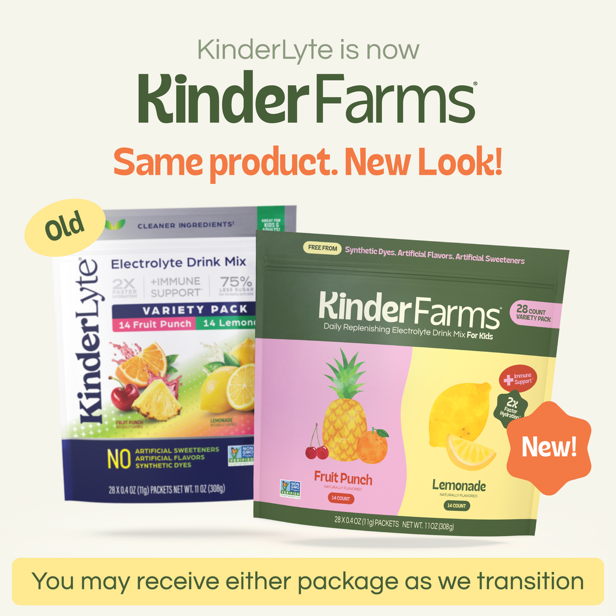 A graphic comparing KinderLyte's old packaging and KinderFarms' new look. It states that the product is the same and customers may receive either version during the transition. (Item 2 of 6)