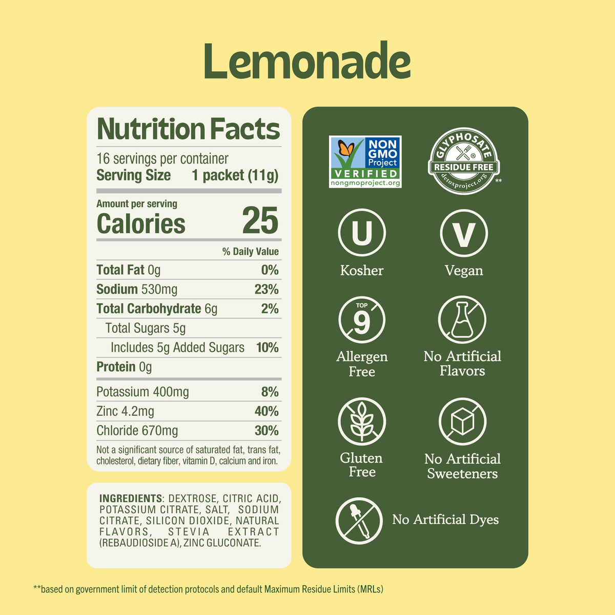 Nutrition facts label for Lemonade mix showing 25 calories, 5g sugar, and minerals like zinc, alongside non-GMO and vegan certification seals. (Item 3 of 6)