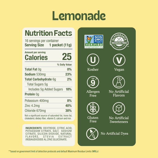 Nutrition facts label for Lemonade mix showing 25 calories, 5g sugar, and minerals like zinc, alongside non-GMO and vegan certification seals.