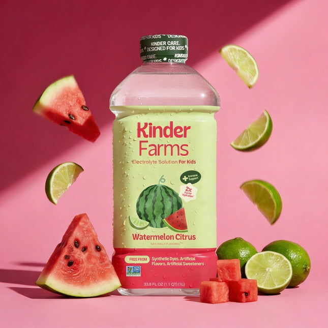 A bottle of Kinder Farms Watermelon Citrus electrolyte solution for kids, styled on a pink background with floating watermelon slices, lime wedges, and whole limes.