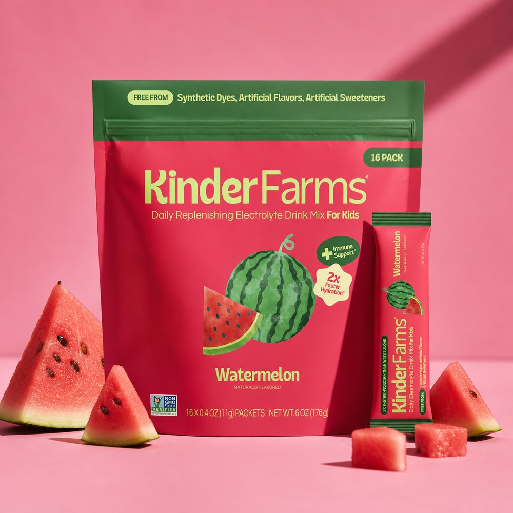 Kinder Farms Watermelon electrolyte drink mix packaging, highlighted as free from synthetic dyes and artificial sweeteners.