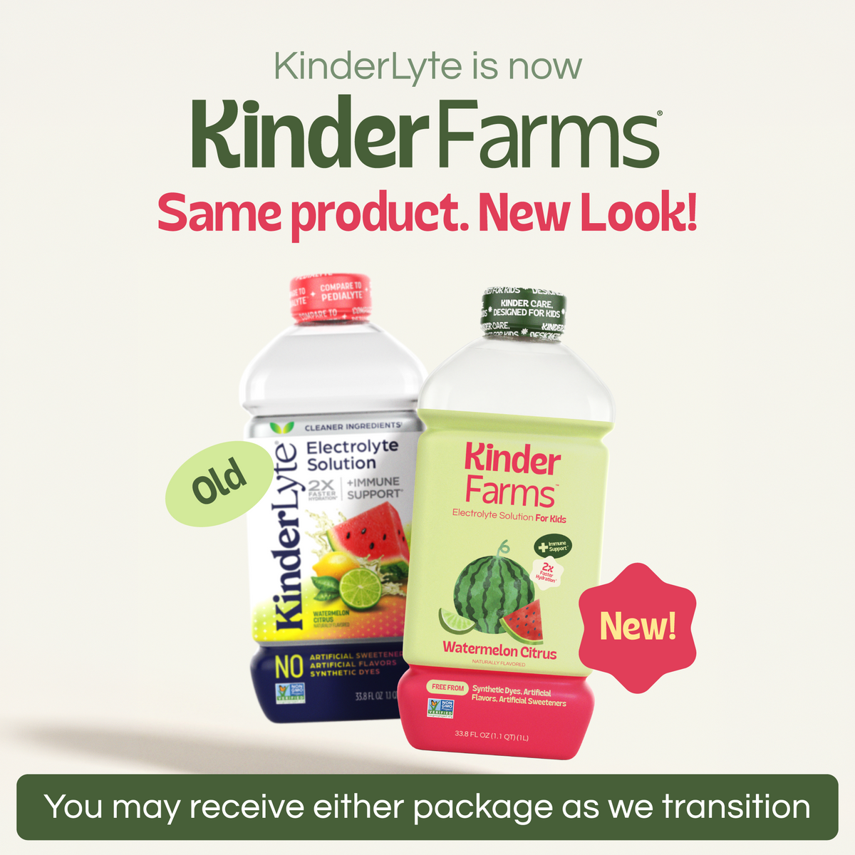 Promotional graphic for KinderLyte transitioning to KinderFarms, showing two bottles side by side on a light beige background. The left bottle is the old KinderLyte Electrolyte Solution package with a red cap and dark label. (Item 2 of 6)
