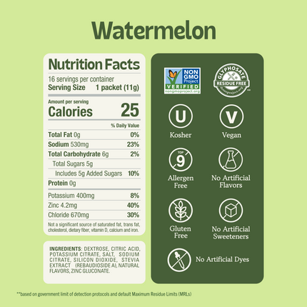Nutrition facts label for Watermelon drink mix showing 25 calories per serving, 530mg of sodium, and various dietary certifications like Non-GMO, Vegan, and Gluten Free.