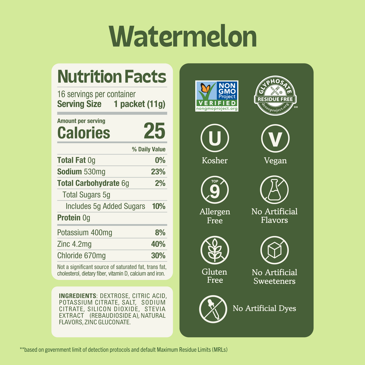 Nutrition facts label for Watermelon drink mix showing 25 calories per serving, 530mg of sodium, and various dietary certifications like Non-GMO, Vegan, and Gluten Free. (Item 2 of 5)