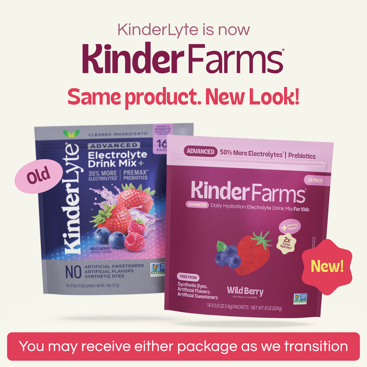 A graphic comparing KinderLyte's old packaging and KinderFarms' new look. It states that the product is the same and customers may receive either version during the transition. (Item 2 of 6)