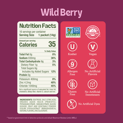 New 2026 packaging — KinderLyte® 16ct Advanced Electrolyte Powder Wild Berry — Nutrition Facts and certifications panel