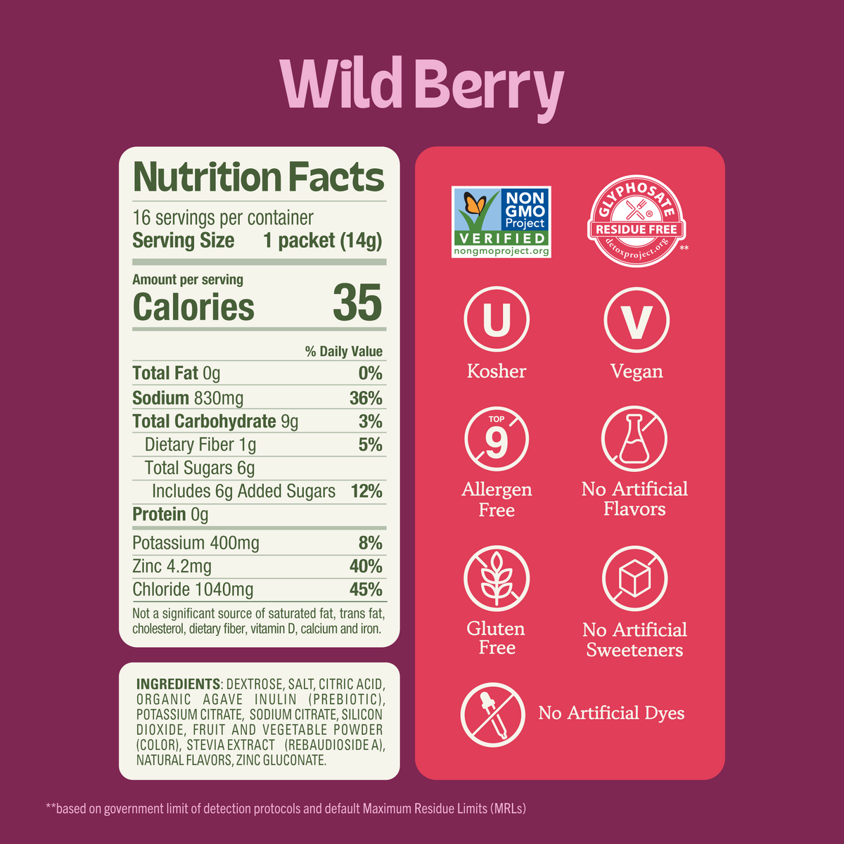 A detailed product label for Wild Berry, showing nutrition facts, a 35-calorie count per serving, ingredients list, and icons for Non-GMO, Vegan, Kosher, and Gluten-Free certifications. (Item 3 of 6)