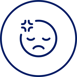 Simple blue line drawing of an unhappy emoticon with closed eyes and a frown inside a circular border.