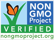 Non-GMO Project Verified logo with a butterfly and grass design on a white background