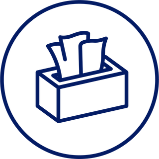 A dark blue line drawing icon of a box of tissues within a circular border.