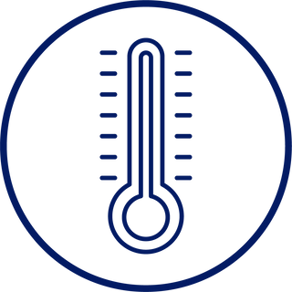 Simple blue line icon of a thermometer inside a thin circular border.