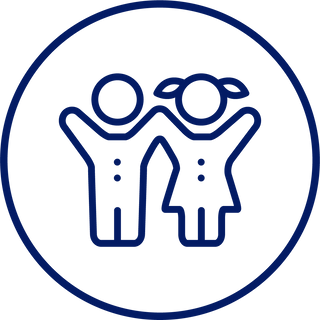 A minimalist circular icon of two children standing side by side in a friendly embrace.