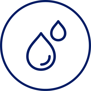 A dark blue circular icon featuring the outlines of two water droplets of different sizes.
