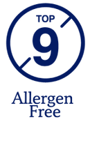 A circular badge with a dark blue border and a white center, featuring the text 'TOP 9' in white and 'Allergen Free' in dark blue below it.