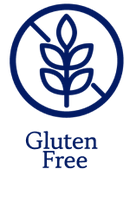 A circular blue-and-white 'Gluten Free' icon with a wheat stalk symbol above the words 'Gluten Free' in blue on a white background.