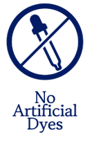 A circular blue icon with a crossed-out dropper symbol above the text 'No Artificial Dyes' in blue on a white background.