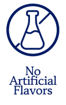A circular blue graphic with a beaker icon above the text 'No Artificial Flavors' in dark blue on a white background.